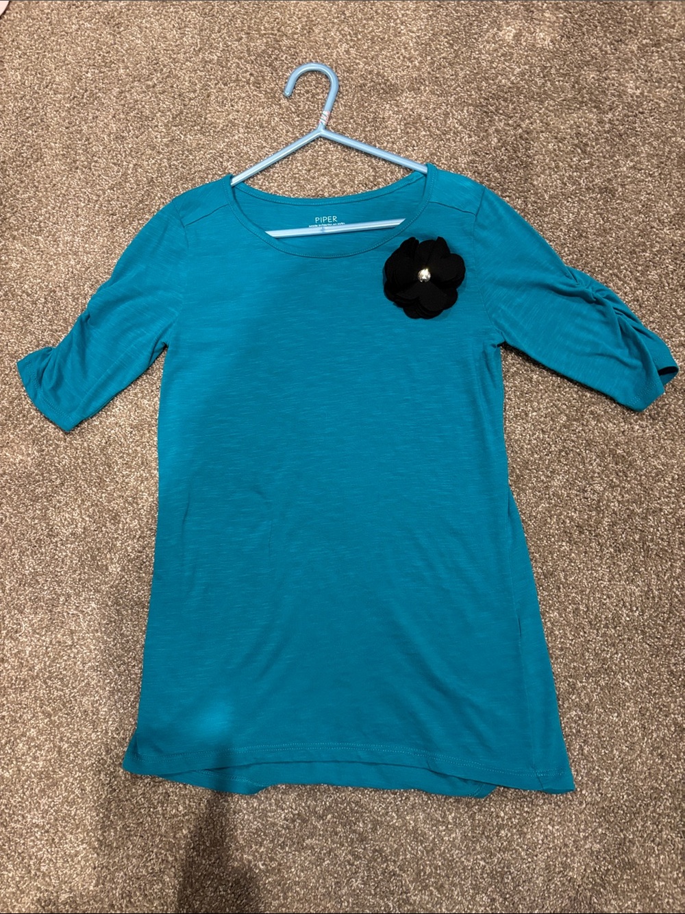 Piper Teal Short-Sleeve Knit Top with Black Flower Accent